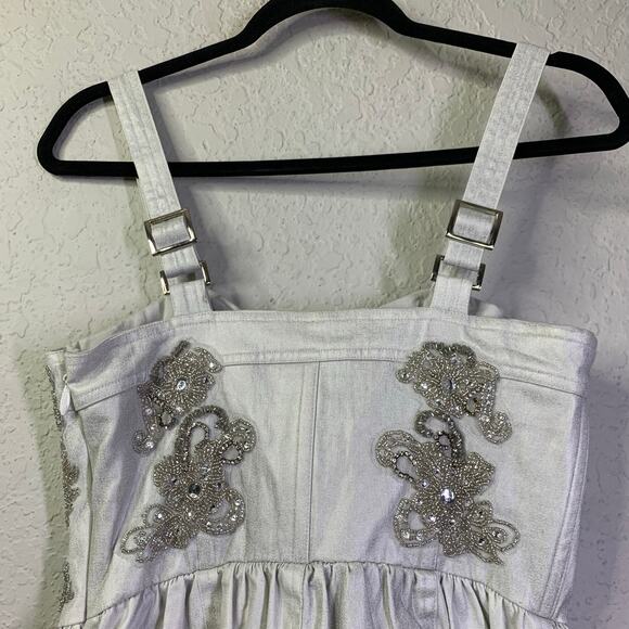FREE PEOPLE Romper Janelle Bubble Style Size 4‎ Metallic Silver Hidden Side Zip - Picture 11 of 16